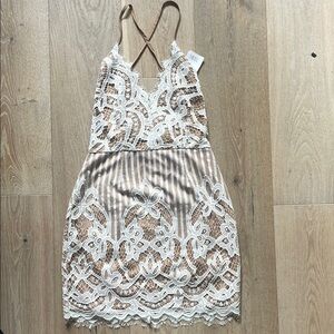 Tobi Tan and Cream Strappy Lace Dress